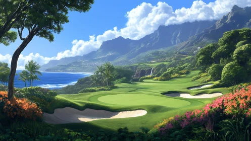 Tropical oceanfront golf course under dramatic mountain range