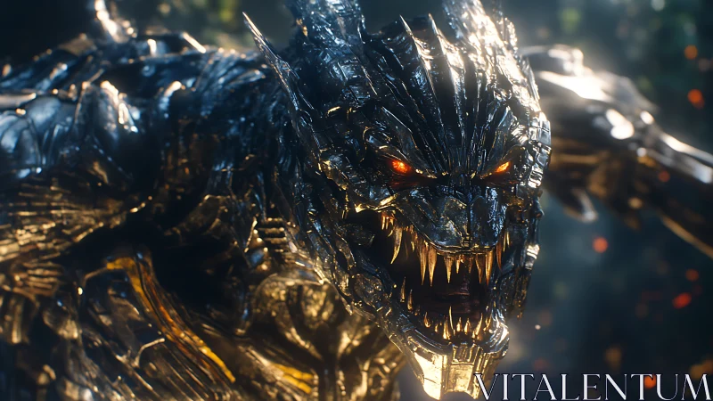 Metallic demon dragon with glowing eyes in battle stance.