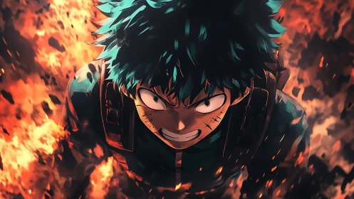 Anime boy with green hair charges forward through flames