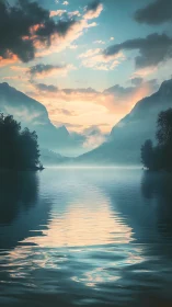 Serene mountain lake at sunrise with soft sky reflection.