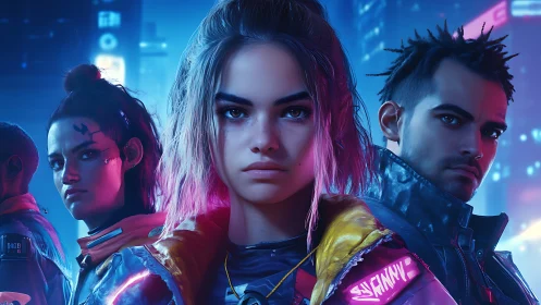 Neon-lit cyberpunk crew under electric city glow.