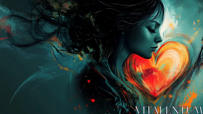 Woman with Glowing Heart: Digital Portrait with Warm Light Effects