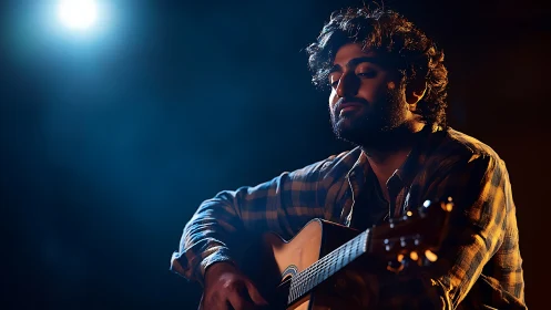 Moody guitarist immersed in blue and amber stage lights.