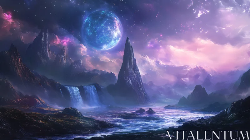 Alien coastline with waterfalls and large blue planet overhead.