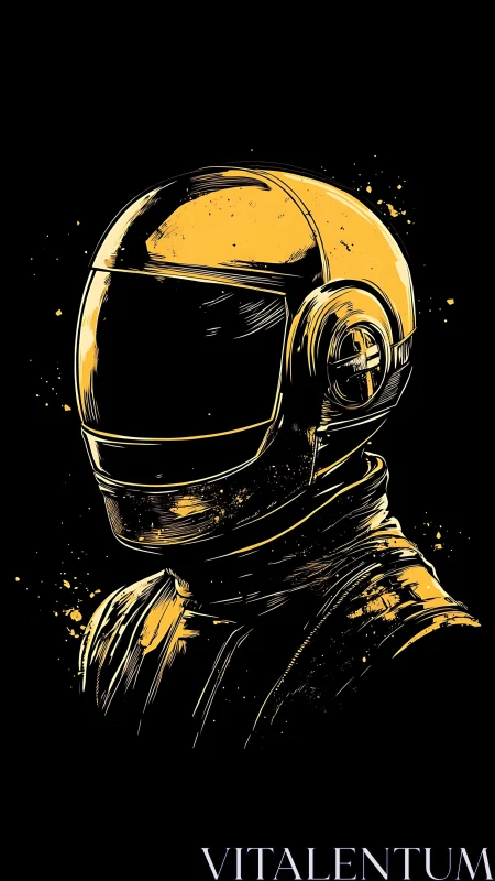 Golden sci-fi helmet portrait with dynamic ink splatter rendering.
