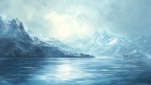 Frozen fjord under pale sun with distant icy peaks.