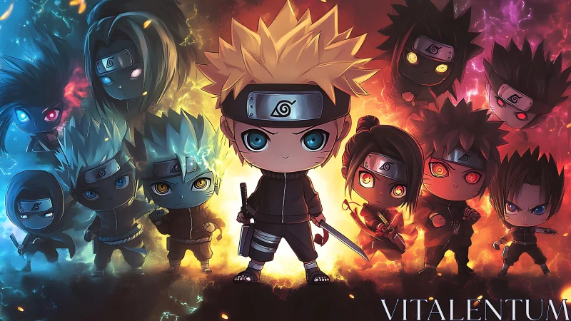 Chibi ninja lineup rendered with dual-color lighting and energy effects