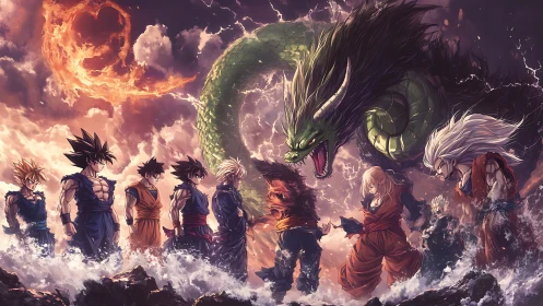 Characters stand facing large green dragon over stormy surf