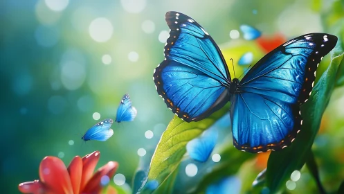Blue morpho butterfly on leaf with luminous bokeh background.