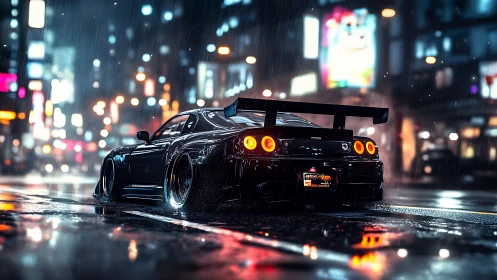 Modified black street racer powers through neon city rain