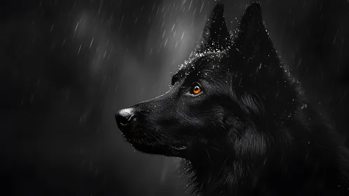 Black wolf profile glows through storm-lit midnight rain.