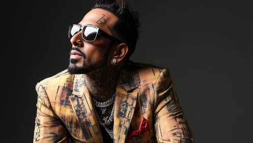 Stylish man in patterned suit with tattoos and sunglasses.