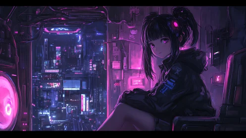 Cyberpunk interior with seated girl overlooking neon city.