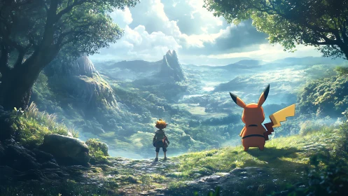 Digital painting landscape with anime duo under forest canopy.