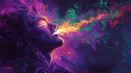 Profile figure exhales luminous flame into swirling colors