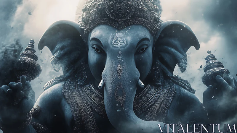 Majestic blue elephant deity rendered in cinematic mist.