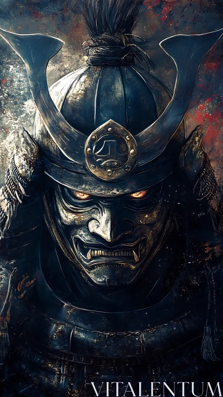 Brooding demon samurai helm under embers and shadow.