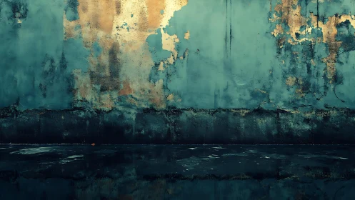 Weathered teal wall with peeling paint in moody, artistic style.