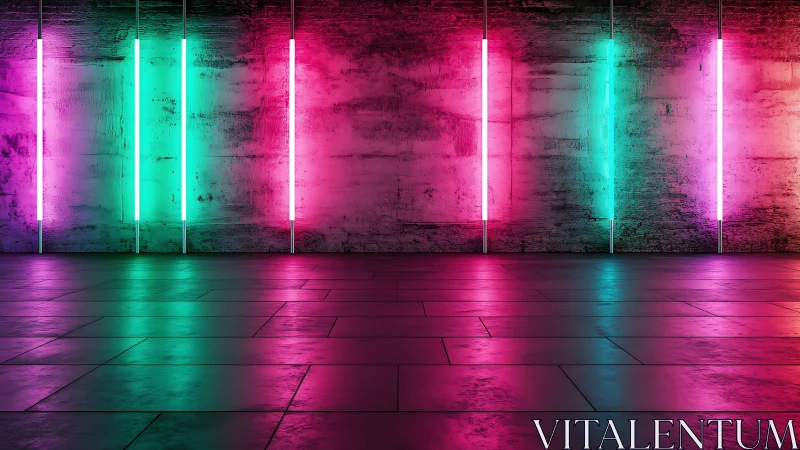 Neon-lit concrete wall with reflective tiled floor and RGB glow gradients