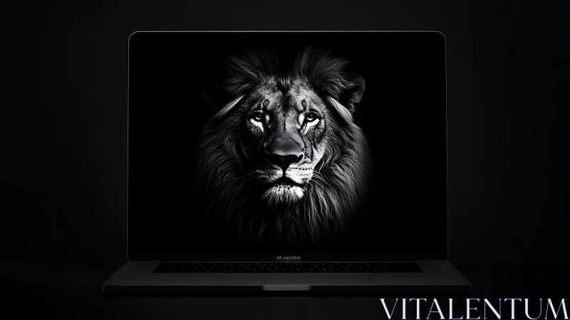 Midnight lion quietly prowls within a glowing laptop screen