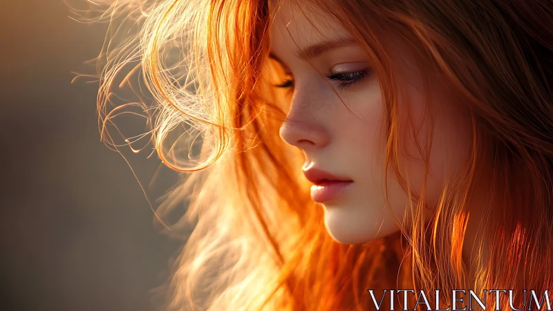 Sunlit profile of red-haired woman in soft golden glow.