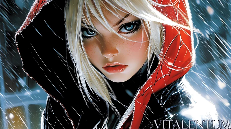 Digital portrait shows hooded blonde figure in falling rain