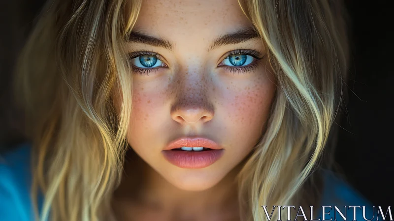 Intense blue-eyed portrait captures freckled youthful gaze.