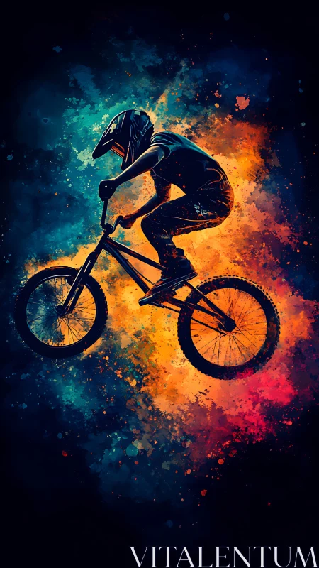 Mountain Biker Erupts Through Chromatic Galaxies.
