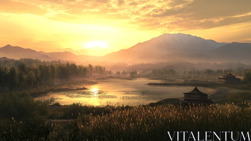 Sunrise drapes golden silence over misty riverside pagodas