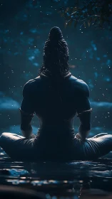 Meditative deity silhouette in nocturnal blue rim lighting.