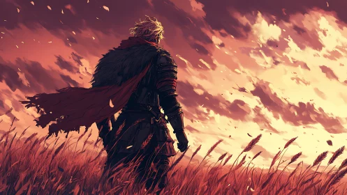 Wanderer in crimson armor watching the stormlit horizon.