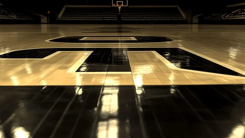 Quiet basketball court glowing with polished wooden warmth.