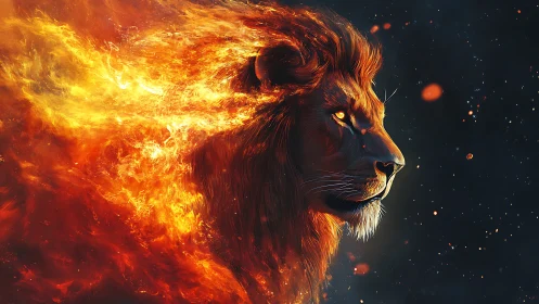 Lion of living flame stepping boldly from the night sky.