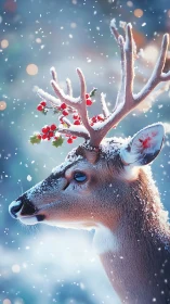 Snow-dusted reindeer gazes through softly falling winter snow.