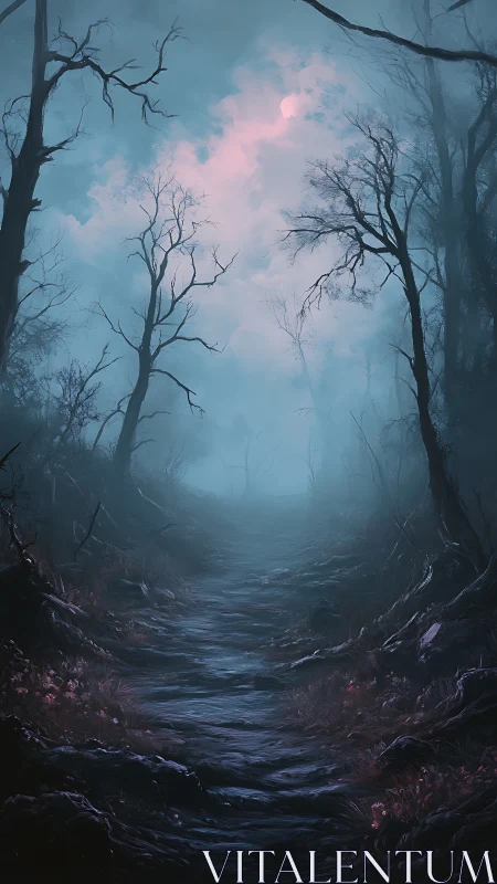 Fog-laden forest path recedes under spectral moonlight