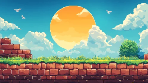 Pixel sunrise over grass platform and stone ruins.