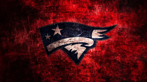 Distressed blue patriot emblem on grunge red field background.