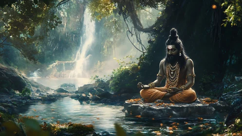 Forest sage in molten gold robes by whispering waterfall.