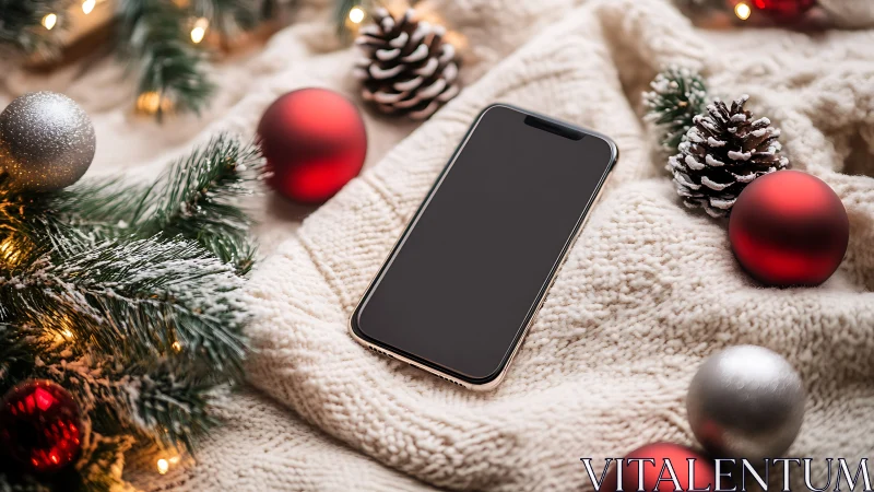 Smartphone on knit blanket with Christmas ornaments.
