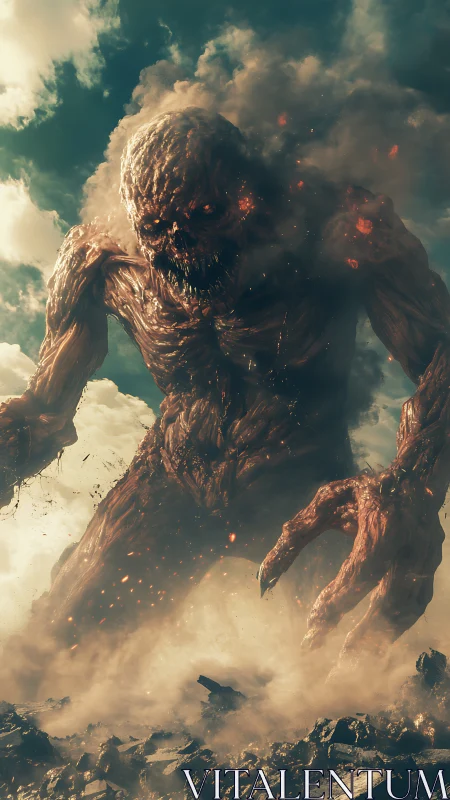Colossal humanoid creature emerges from smoke and debris