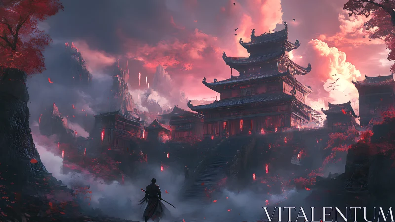 Crimson mountainside temple glowing in misty evening light.