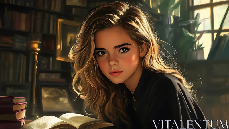 Golden haired scholar in a sunlit, story-soaked library.