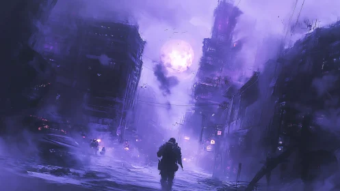 Lone soldier strides through neon haze under a bruised moon