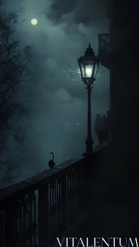 Nocturnal riverside lamppost with silhouetted bird in fog.