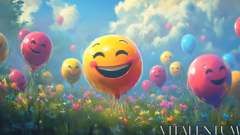Laughing smiley balloons drift through a dream-bright meadow.