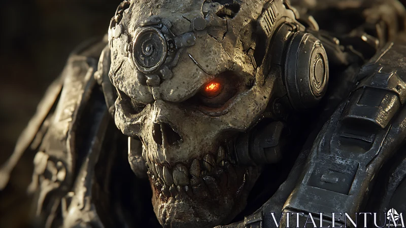 Battle-scarred cyber skull glows with eerie molten power.