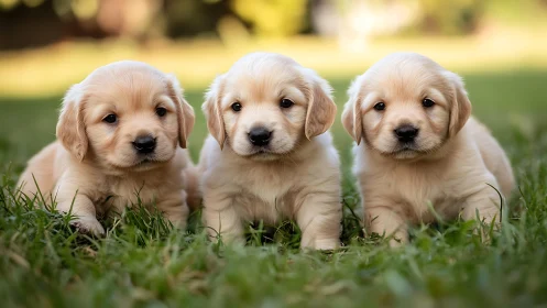 Golden retriever puppies sit together on green grass field.