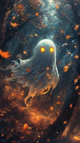 Translucent ghost form in dim autumn forest environment.