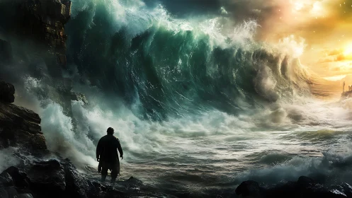 Storm-walker facing a sunrise wall of mythic ocean fury.