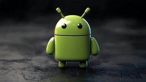 Glossy green robot mascot glows on moody studio floor.